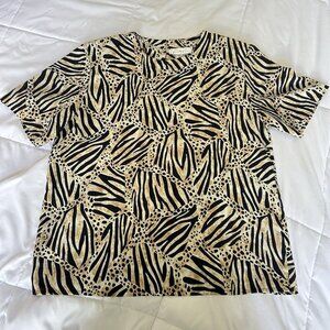 Kathy Che Tan Cheetah Print Round Neck Short‎ Sleeve Pullover Top Blouse Womens